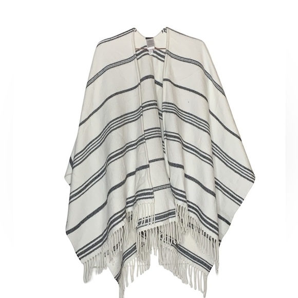 J. Crew Sweaters - J. Crew Striped Fringe Cream Wool Blend Blanket Poncho